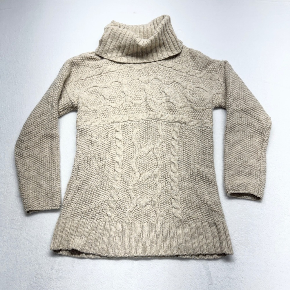 Eddie Bauer Cable Knit Turtleneck Sweater Women Size M Cream Wool Blend Winter L